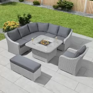 Image of Nova Outdoor Living - Nova - Deluxe Harper Outdoor Rattan Corner Dining Set - Fire Pit Garden Table & Sofa with Armchair & Stool - White Wash
