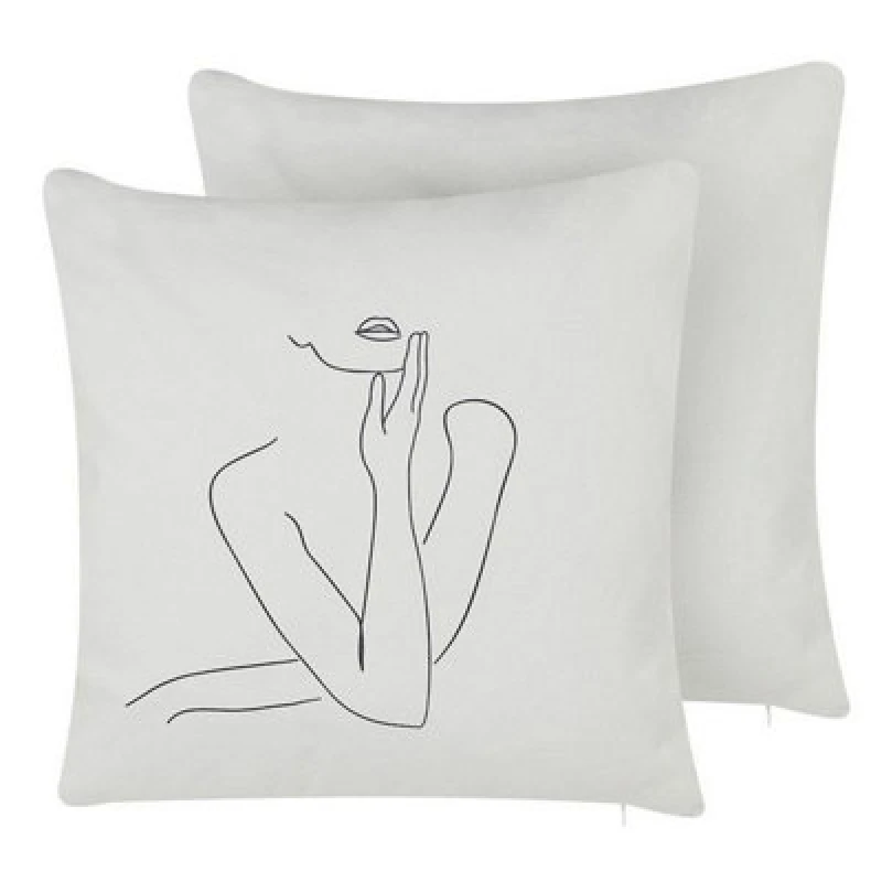 Image of Beliani Set Of 2 Decorative Cushions Meadowfoam Cotton 45 X 45cm White Abstract Pattern