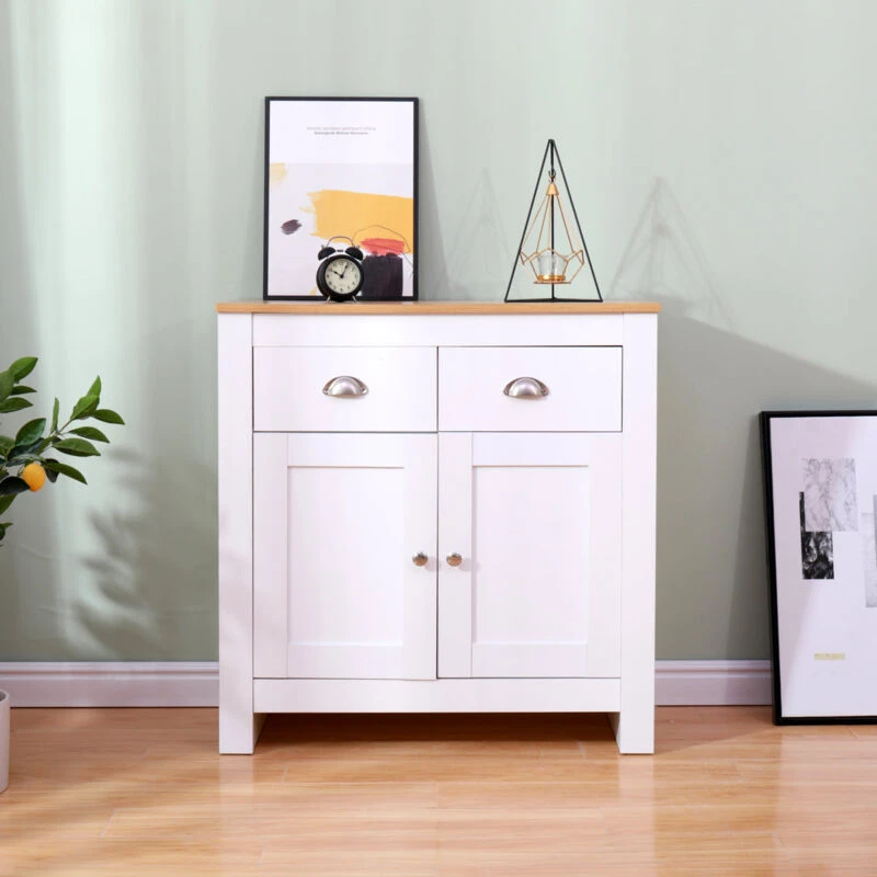 Image of FURNITURE HMD Furniture Hmd - Wooden 2 Drawers 2 Doors Cabinet Chest of Drawers Storage Unit Sideboard,White+Oak,79x35x81cm(WxDxH) 29655-HMD