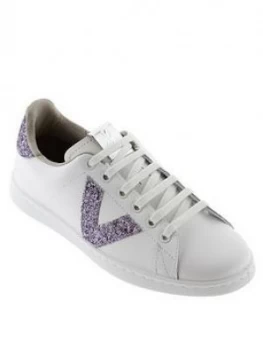 Image of Victoria Leather Tennis Glitter V Logo Trainer - White/Multi, White Multi, Size 3, Women