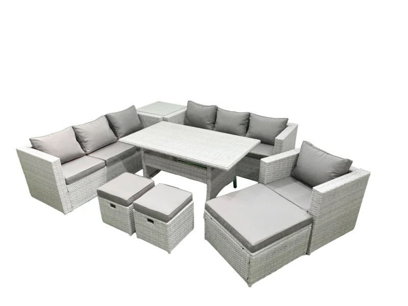 Image of Fimous 8 Pieces Outdoor Rattan Sofa Set with Cushions Patio Garden Furniture Sets with Armchair Dining Table Side Table 3 Footstools Light Grey