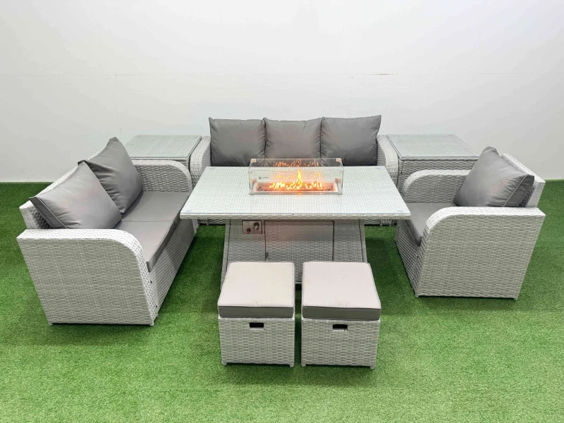 Image of Fimous Patio PE Wicker 8 Seater Outdoor Rattan Furniture Sofa Sets with Firepit Dining Table Reclining Chair Loveseat Sofa 3 Seater Sofa Stool 2 Side