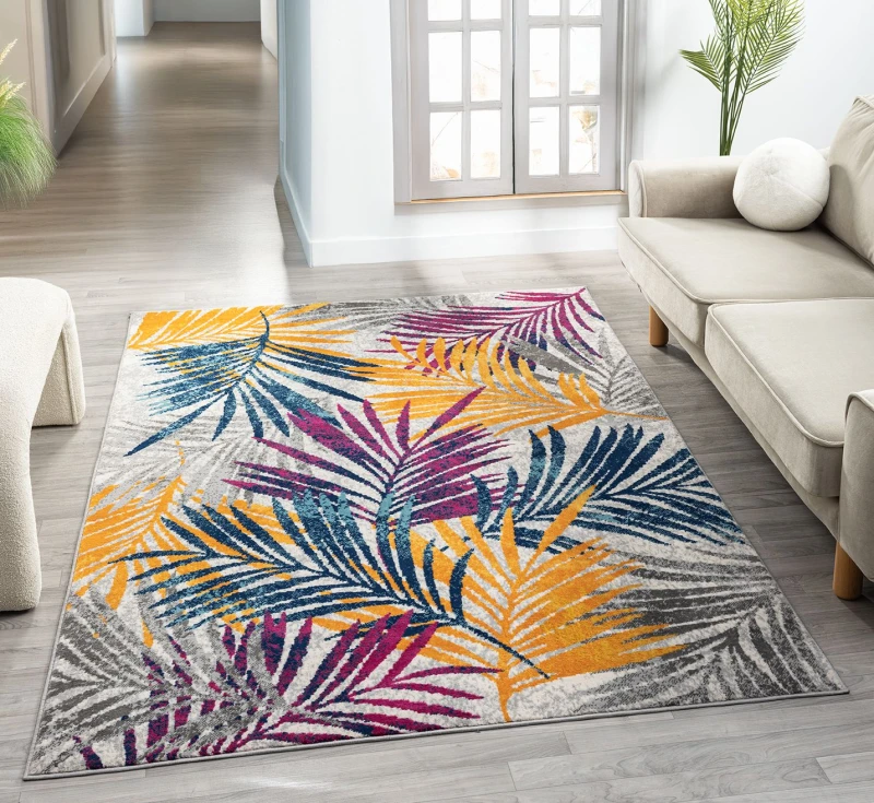 Image of San Marino Modern Living Room Area Rug - Low Pile Leaf Design Muti Coloured 160Cm X 230Cm