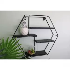 Image of Hexagonal Wall Shelf in Black Metal with 4 Shelves