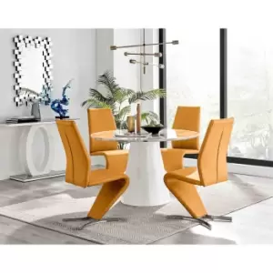 Image of Furniture Box Palma White Marble Effect Round Dining Table and 4 Mustard Willow Chairs