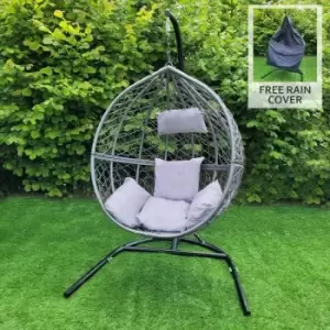 Image of Swing Hanging Egg Chair Rattan Bench Garden Patio Outdoor Indoor Furniture Hammock Basket Seat Grey with Cushions, Waterproof Cover and Stand