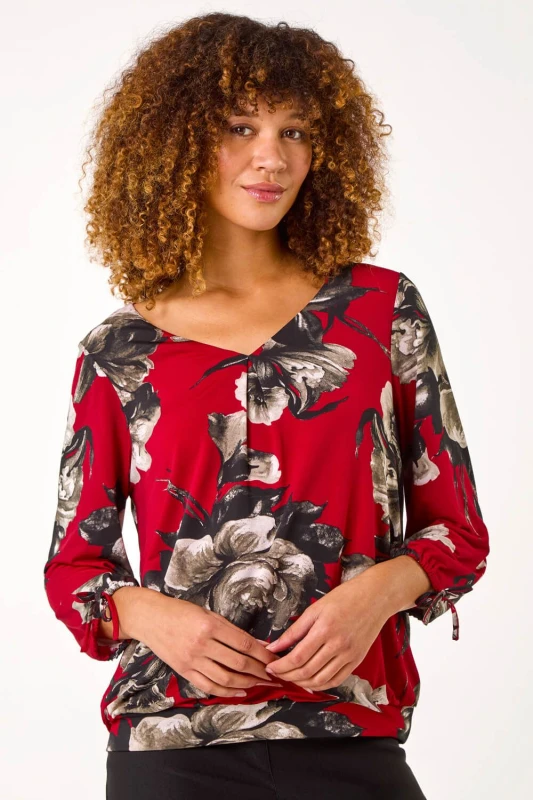 Image of Roman V-Neck Floral Print Tie Sleeve Top Burgundy