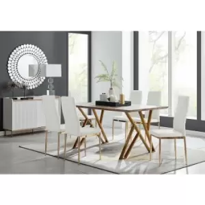 Image of Taranto Oak Effect Dining Table and 6 White Gold Leg Milan Chairs - White
