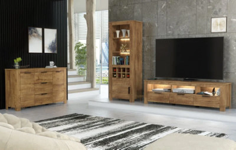 Image of Furneo TV Stand Oak Dark Effect Display Cabinet Sideboard Set LED Light Prestigio 2/4/6