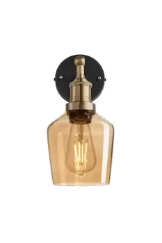 Image of Brooklyn Tinted Glass Schoolhouse Wall Light, 5.5 Inch, Amber, Brass Holder