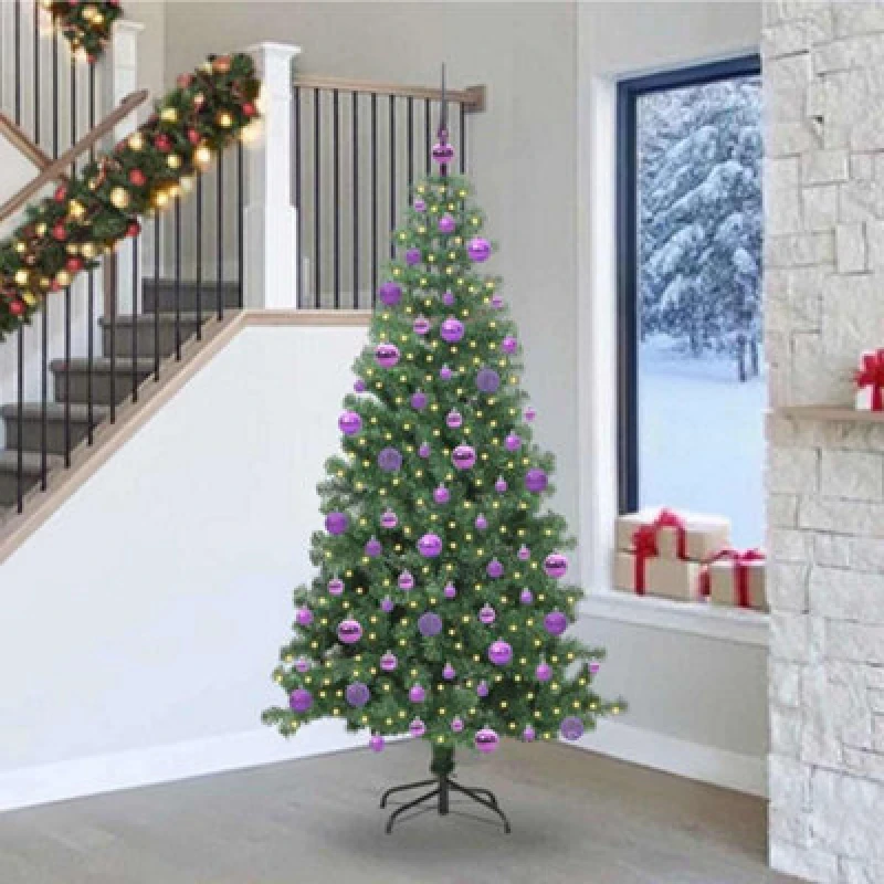 Image of vidaXL Christmas Tree with 300 LEDs, Lilac Balls with Stand Green 240cm PVC, Green 3396404