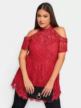 Image of Yours Lace Cold Shoulder Top, Red, Size 14, Women
