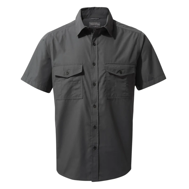 Image of Craghoppers Craghoppers Men NosiDefense Cotton-Blend 'Kiwi' Short Sleeve Shirt in Dark Grey Size: Small Dark Grey S Male 5054904523009