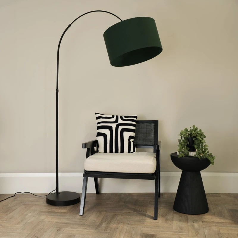 Image of ValueLights Louis Black Arched Curved Floor Lamp with Fabric Drum Lamp Shade Bottle Green