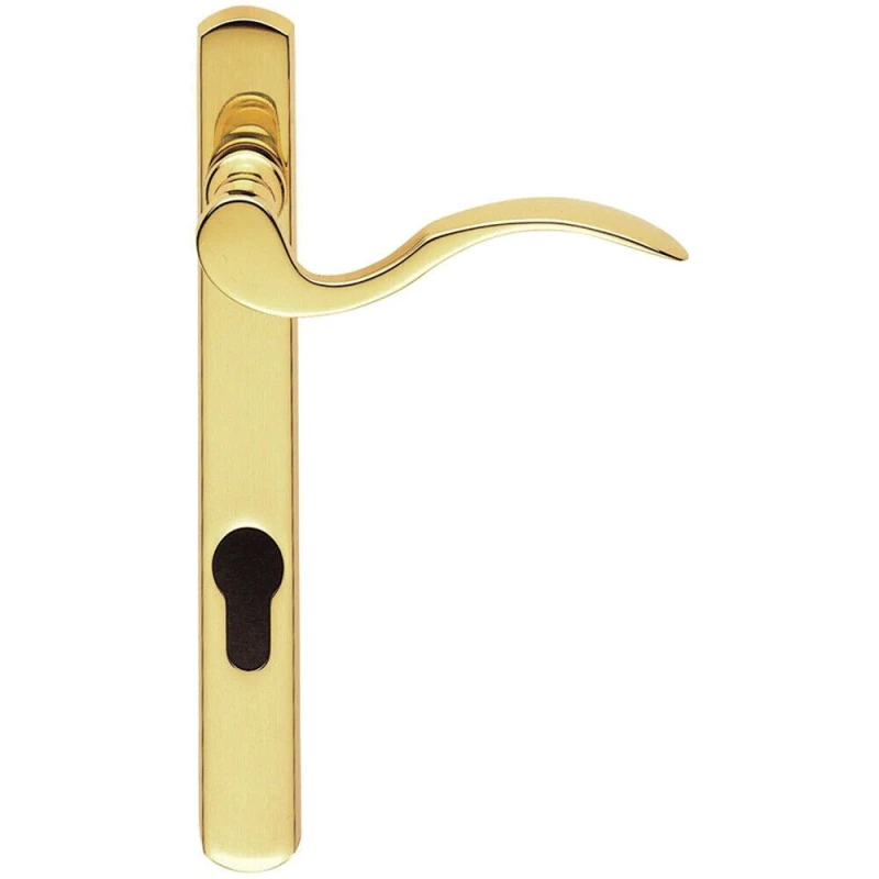 Image of Loops Scroll Lever Door Handle on Lock Backplate Polished Brass 208 x 25mm Metallics