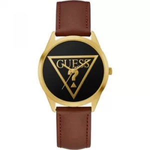 Image of GUESS Ladies gold watch with Black and gold logo dial and brown leather strap.