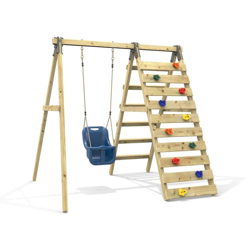 Image of OutdoorToys Glide Wooden Single Swing Set with Climbing Wall & Swing Seat - Lavender (Navy Blue Baby Swing) in Navy Navy Unisex