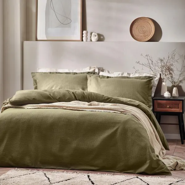 Image of Waffle Textured 100% Cotton Duvet Cover Set Olive, Olive / Double