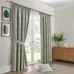 Image of Bramford Floral Woven Jacquard Lined Pencil Pleat Curtains, Green, 66 x 72" - Curtina