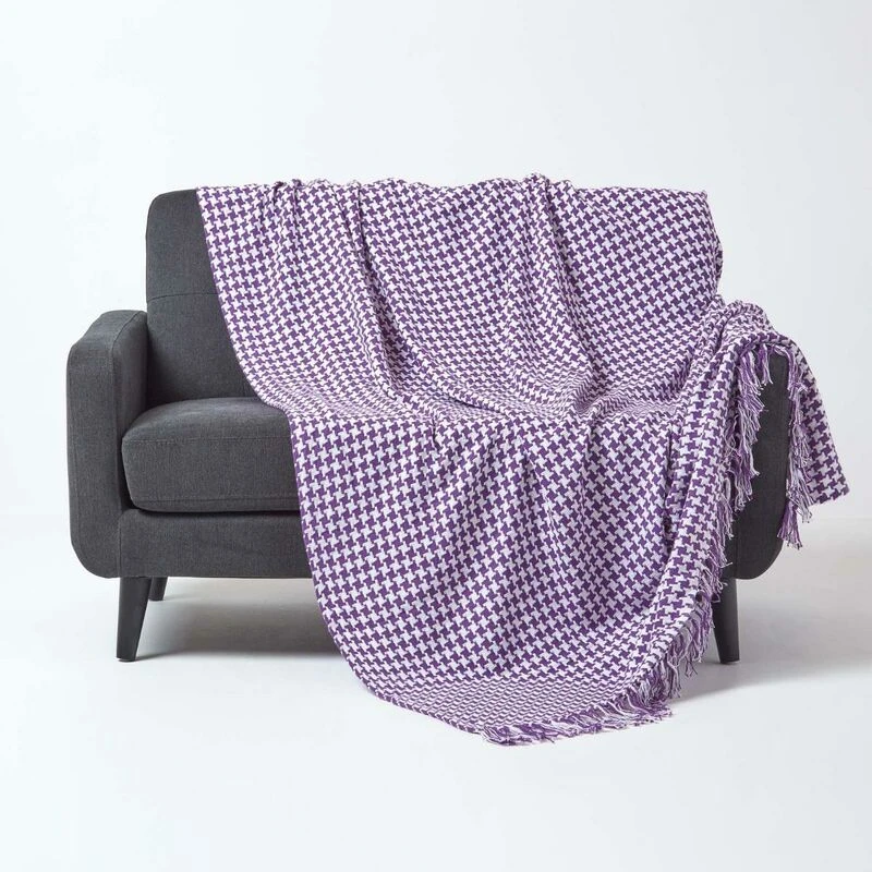 Image of Homescapes Houndstooth 100% Cotton Bedspread Throw Purple