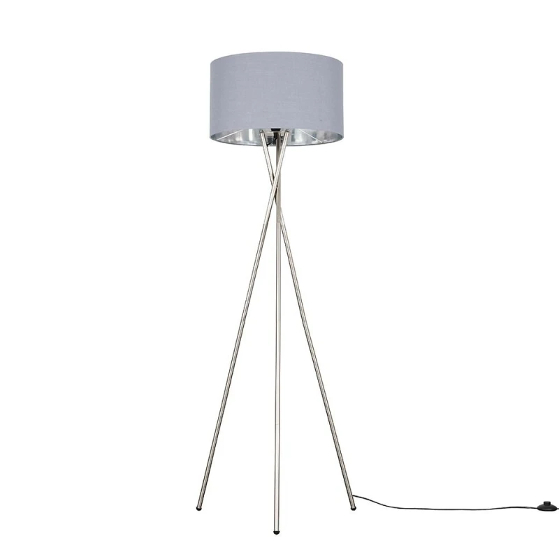 Image of ValueLights ValueLights Camden Grey & Metal Shade & Brushed Chrome Tripod Floor Lamp with Bulb in Metallic Silver Metallic Silver One Size Unisex 5055