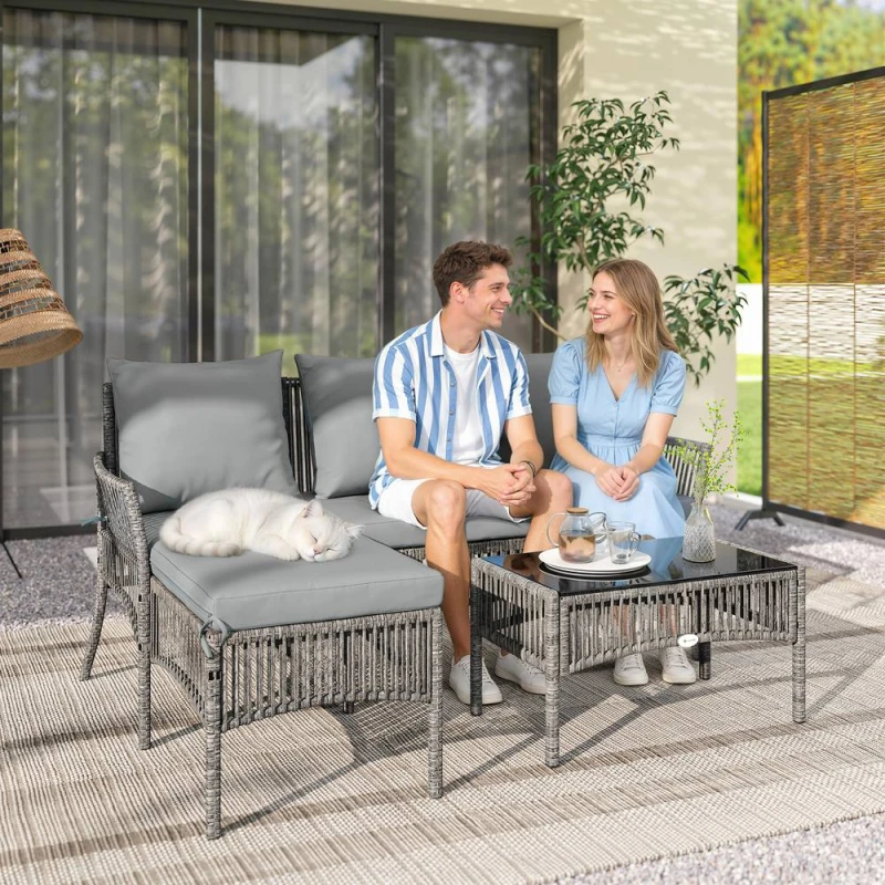 Image of OUTSUNNY 3 Piece Rattan Garden Furniture Set with Cushions, Dark Grey Dark Grey Unisex