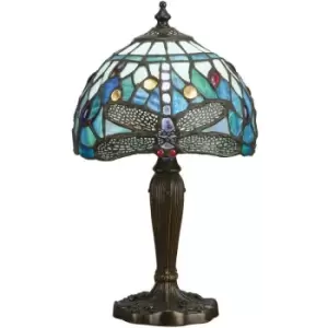 Image of Interiors Dragonfly Blue - 1 Light Table Lamp Dark Bronze, Blue, Tiffany Style Glass, E14