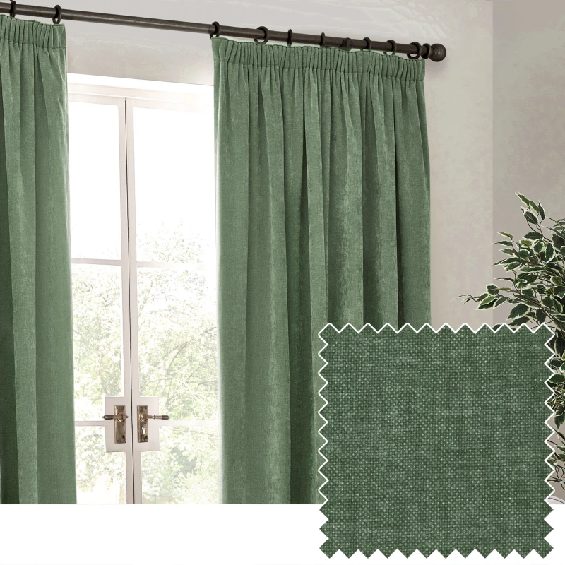 Image of Yard Heavy Chenille Velvet Pencil Pleat Curtain Pair Eucalyptus 229 X 183Cm, Green 5025532854704.00