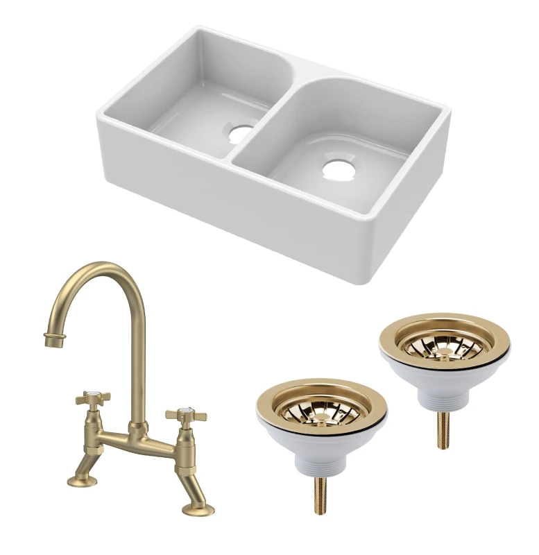 Image of BALTERLEY Balterley - Fireclay Kitchen Bundle - Double Bowl Full Weir Butler Sink No Overflow, Wastes & Bridge Tap, 795mm - Brushed Brass BKS210WT14
