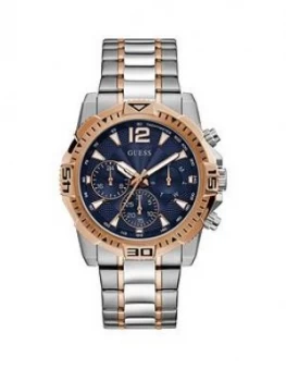 Image of Guess Guess Commander Blue And Rose Gold Detail Chronograph Dial Two Tone Stainless Steel Bracelet Mens Watch