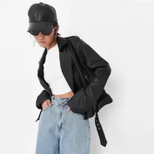 Image of Missguided Boxy Belted Faux Leather Jacket - Black