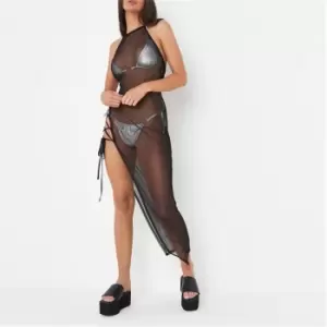 Image of Missguided Lace Up Halterneck Sheer Mesh Beach Cover Up Maxi Dress - Black