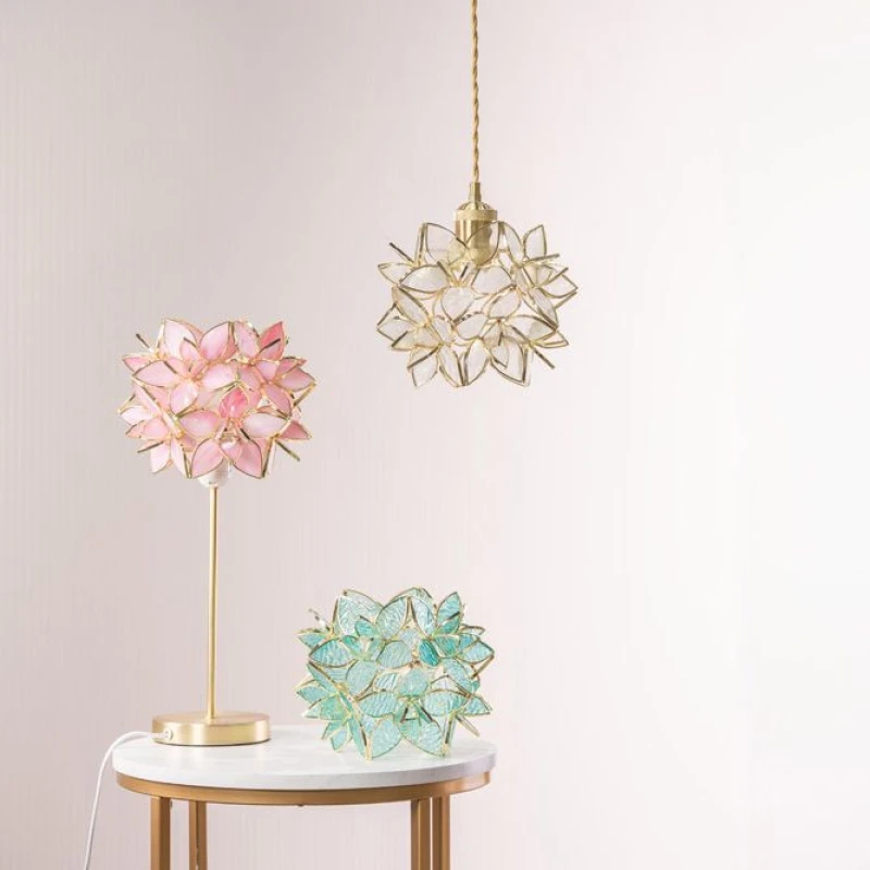 Image of ValueLights Reine Gold Stem Table Lamp with Glass Flower Pendant with Bulb Bright Pink
