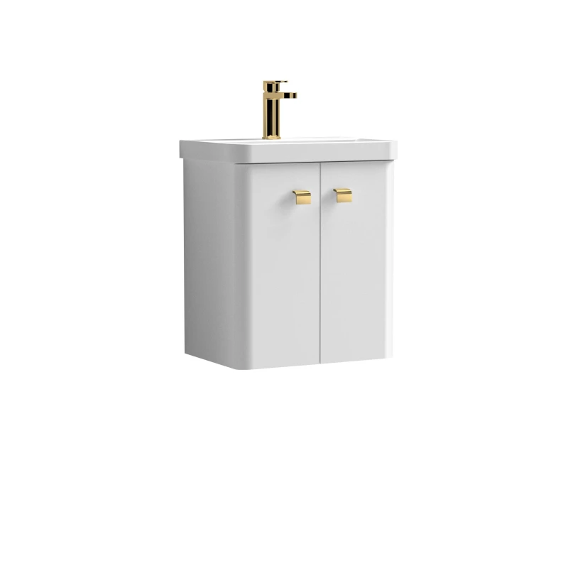 Image of Balterley Wall Hung 2 Door Vanity Basin Unit White Brushed Brass Handles 500mm White