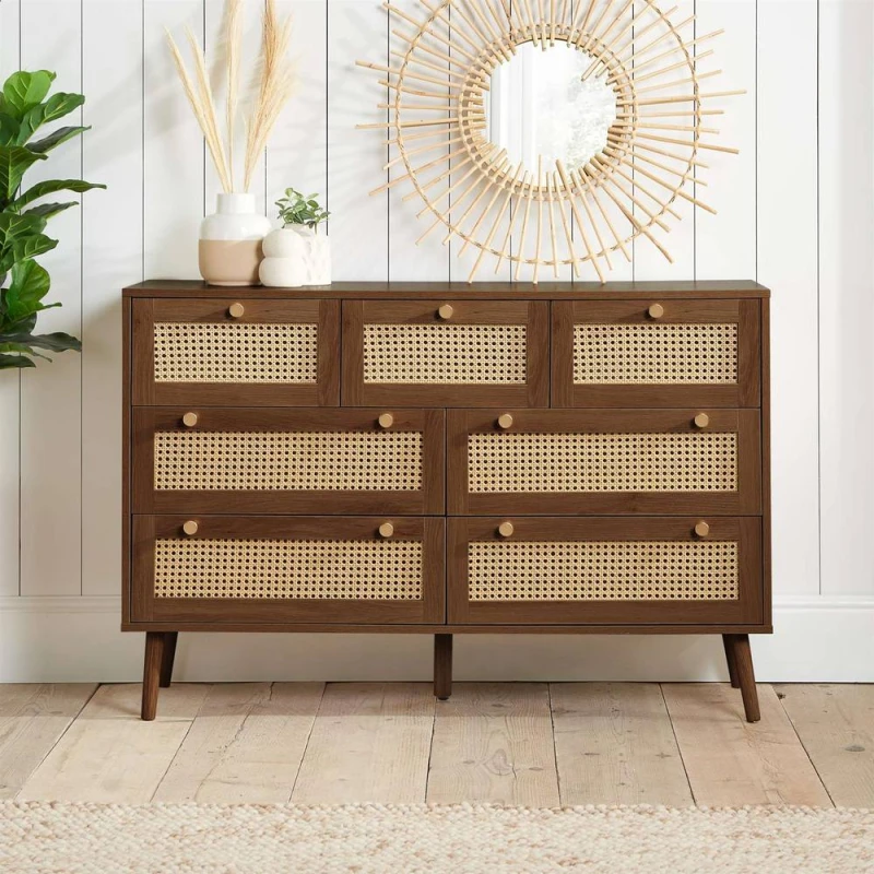 Image of Birlea Croxley Rattan and Walnut 7 Drawer Chest of Drawers