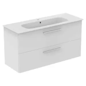 Image of Ideal Standard I.life A 120Cm Matt White Wall Hung Vanity Unit, 124Cm White Vanity Basin And Chrome Handle Pack