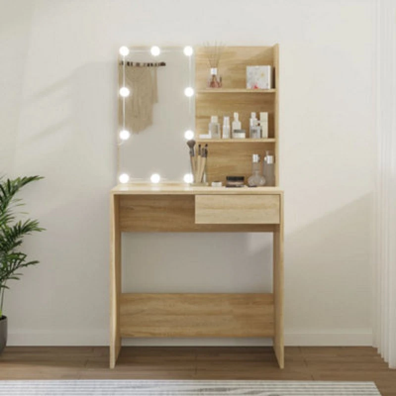 Image of vidaXL Dressing Table with LED Sonoma Oak 74.5x40x141cm Engineered Wood, Brown 808804