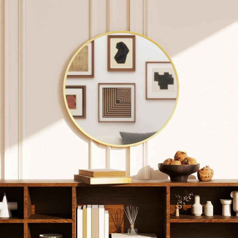 Image of HOMCOM 61cm Bathroom Mirror Round Wall Mirror for Living Room Bedroom in Gold Gold Unisex