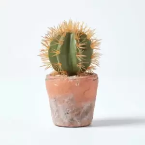 Image of Homescapes - Small Round Artificial Cactus in Terracotta Pot, 15cm Tall - Orange & Green