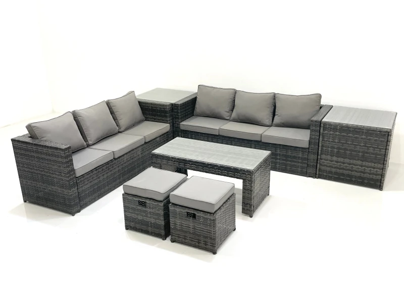 Image of Fimous Garden Outdoor Rattan Furniture Set with Sofa Coffee table 2 Small Footstools 2 Side Tables Dark Grey Mixed Dark Grey