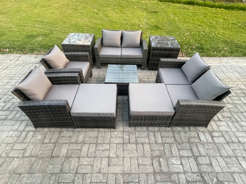 Image of Fimous Outdoor Garden Furniture Sets 9 Pieces Wicker Rattan Furniture Manual Wicker Patio Sofa Patio Conversation Set with 2 Big Footstool Dark Grey U
