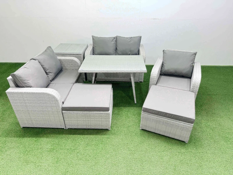 Image of Fimous 7 Seater Rattan Garden Furniture Sets Love Sofa Reclining Chair Sets in Light Grey Light Grey Unisex
