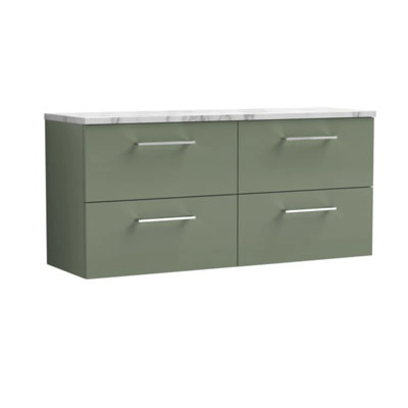 Image of Nuie Arno Wall Hung 4-Drawer Vanity Unit With Laminate Worktop In Carrera Marble, Premium Counter Top Vanity Unit In Satin Green