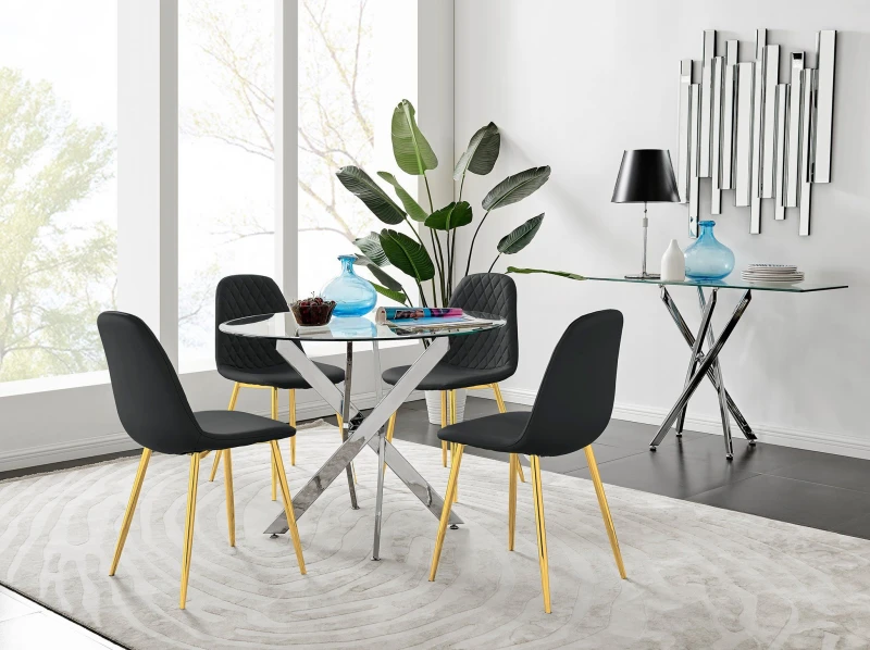 Image of FurnitureboxUK FurnitureboxUK Novara Chrome Metal 100cm Round Glass Dining Table And 4 Corona Gold Dining Chairs in Black One Size Unisex 505654