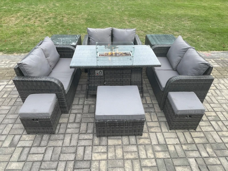Image of Fimous Outdoor Rattan Furniture Garden Dining Set Gas Fire Pit Table with 2 Side Tables Love Sofa 3 Footstools Dark Grey Mixed Dark Grey