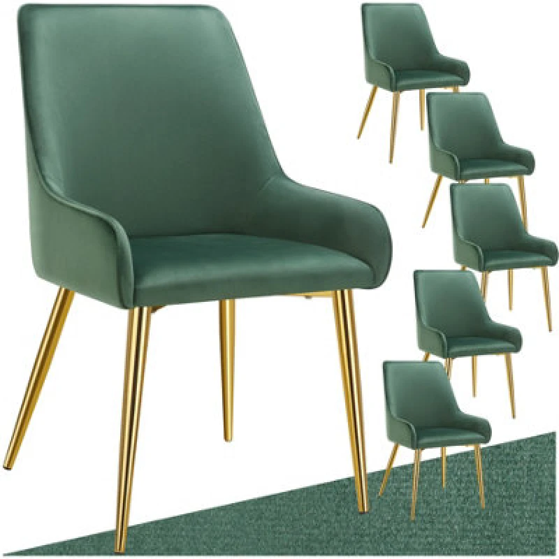 Image of Tectake Set Of 6 Dining Chair Avane - Velvet Look, Padded Armchair, High Backrest And Armrests - Green