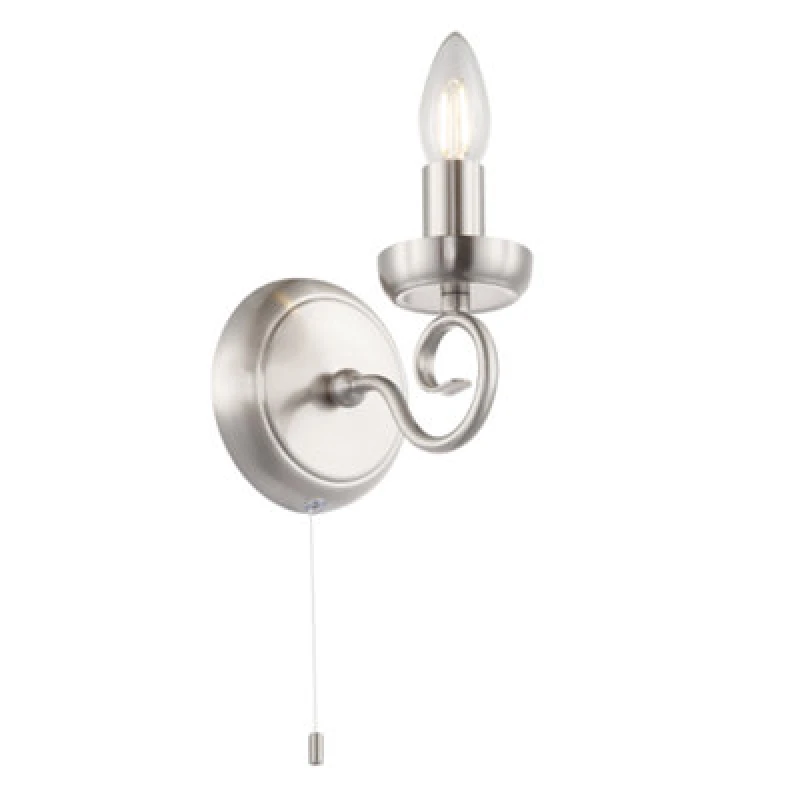 Image of Happy Homewares Traditional Satin Nickel Wall Light With Scroll Arm And Pull Switch