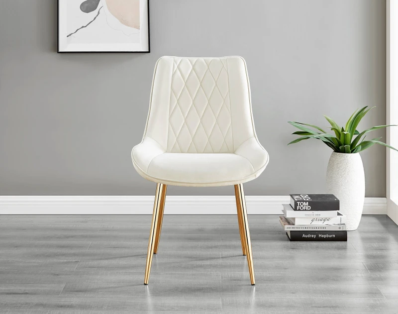 Image of FurnitureboxUK FurnitureboxUK Novara 100cm Round Tempered Glass Dining Table with Gold Legs & 4 Pesaro Velvet Chairs in Cream Cream One Size Unisex 50