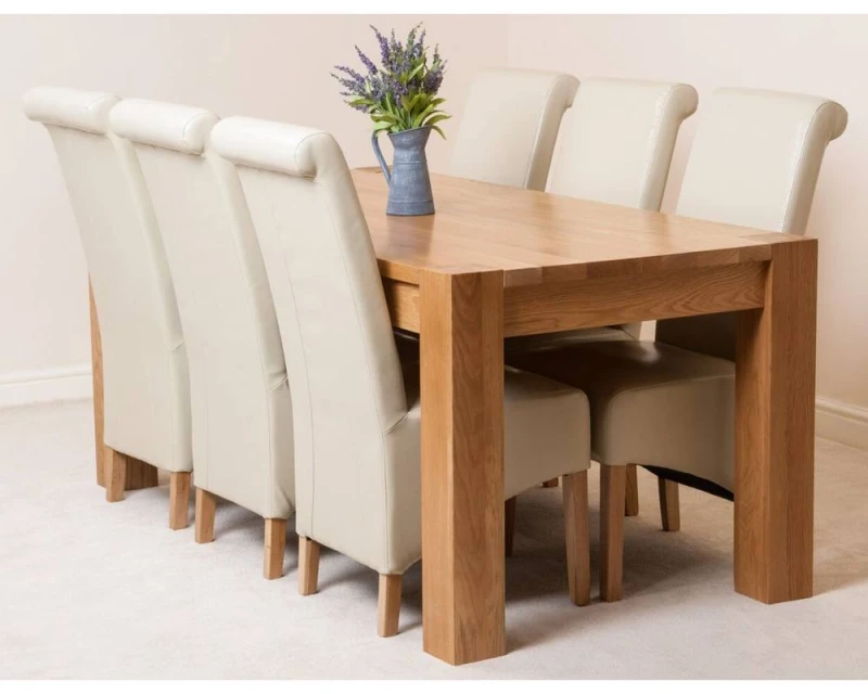 Image of Thats Furniture Kuba 180 x 90cm Chunky Oak Dining Table & 6 Montana Leather Chairs in Cream Cream Unisex 180 x 90 cm