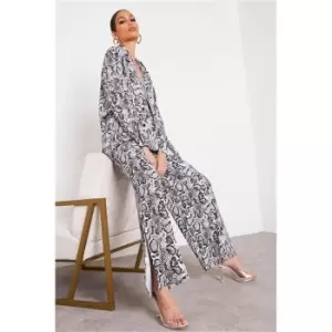 Image of I Saw It First Stone Snake Print Wide Leg Seam Split Trousers - Brown